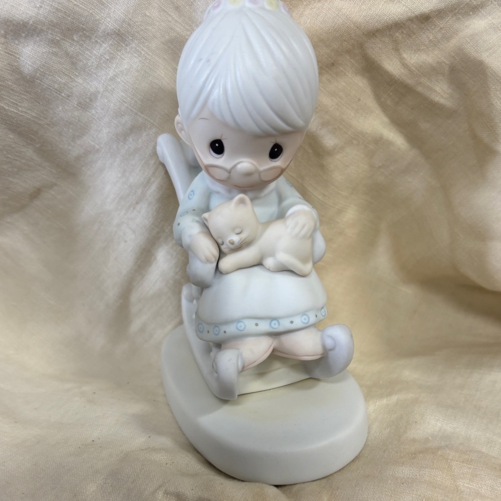 Precious Moments White and Light Blue Girl with Cat Figurine